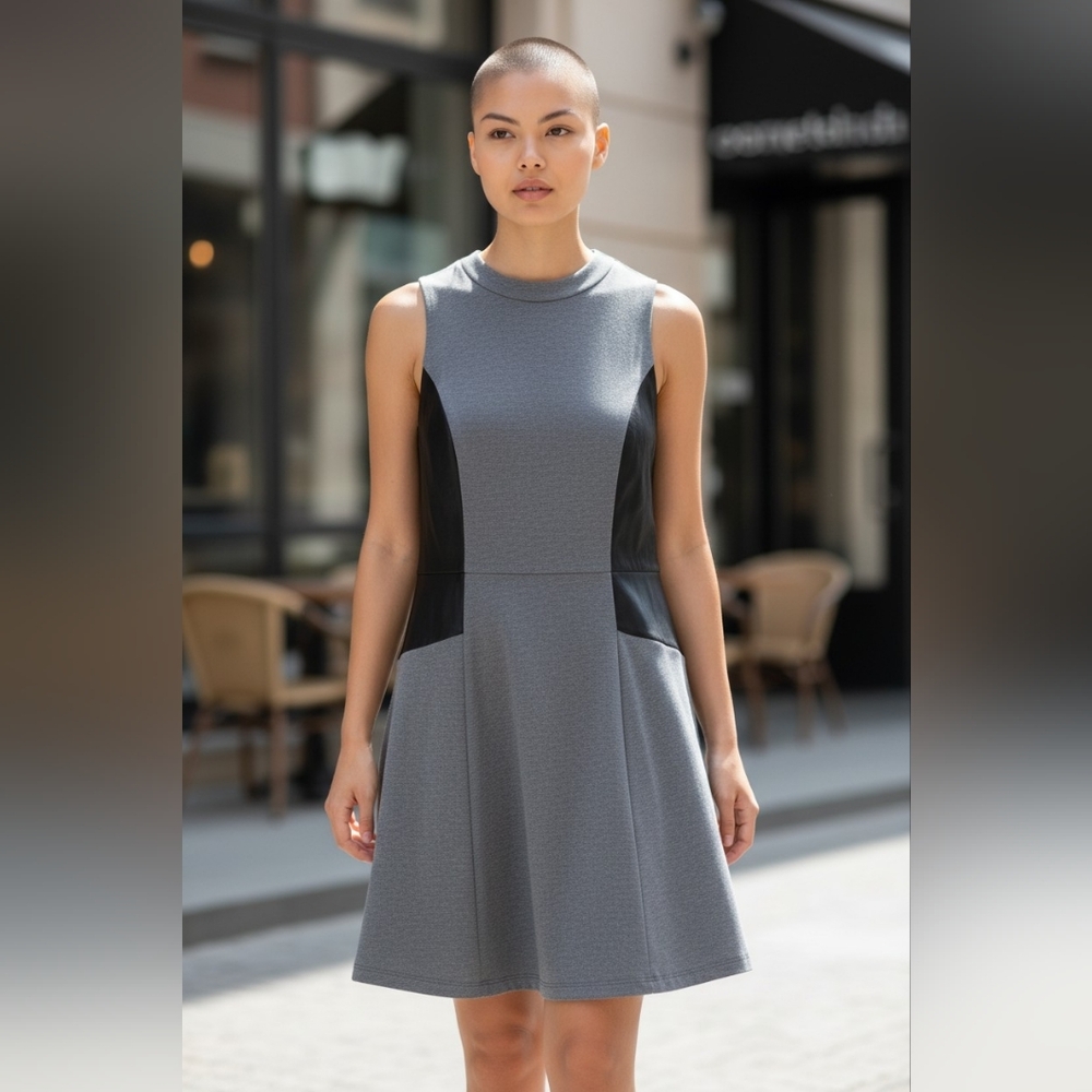 Club Monaco Gray Black Faux Leather Dress Sassy Edgy Mini Mobwife Luxury Flare